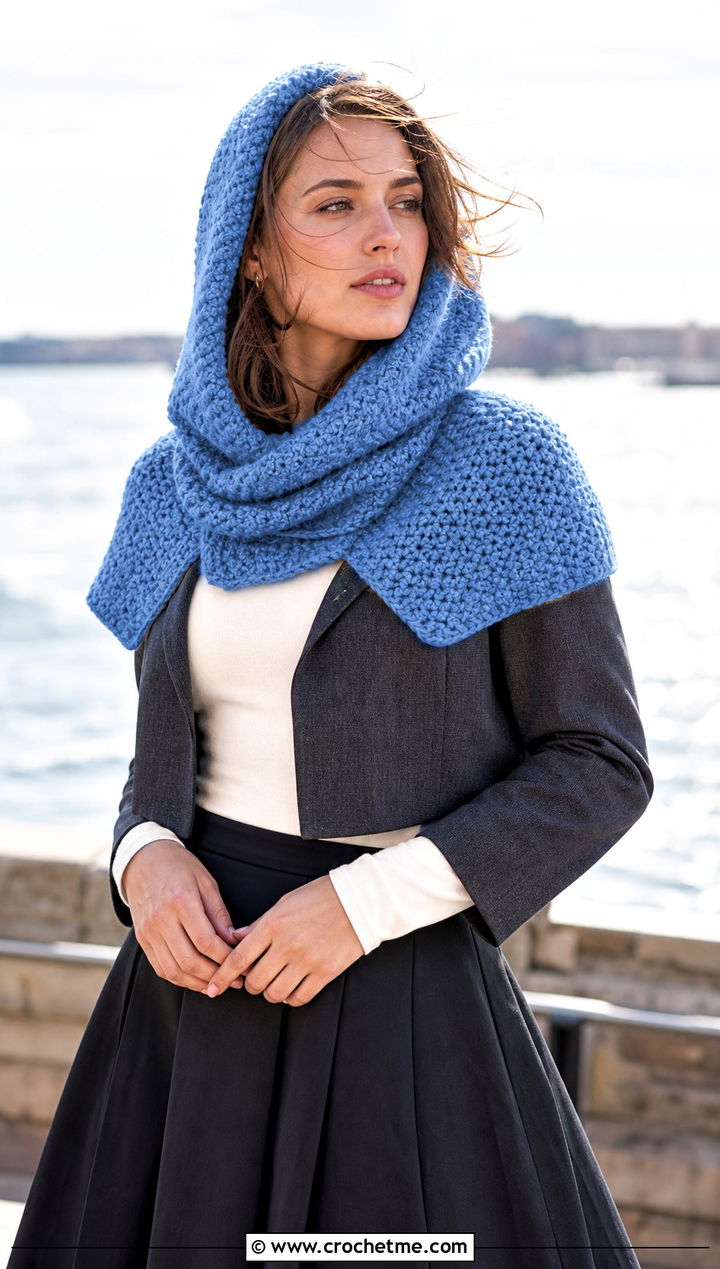 Hooded Moss Stitch Crochet Cowl With Midi Skirt - 15 Moss Stitch Crochet Cowl outfit ideas