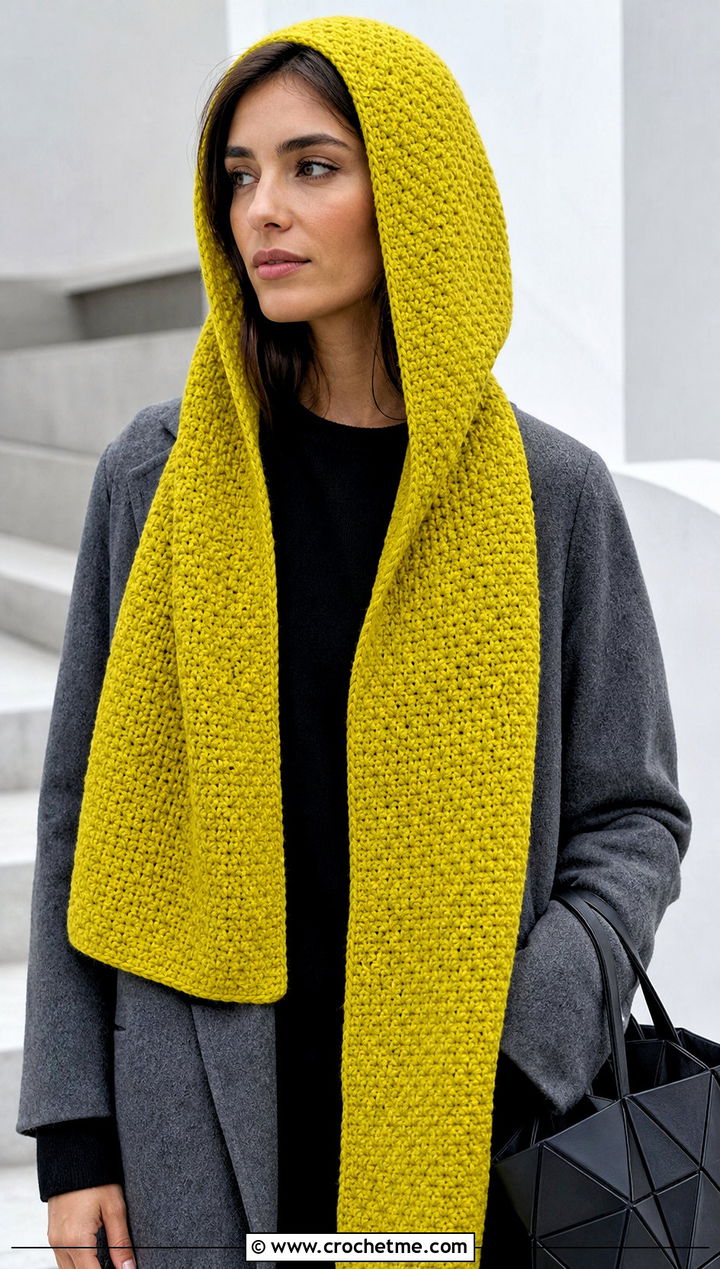 Hooded Moss Stitch Crochet Scarf With Minimalist Outfit - 25 Moss Stitch Crochet Scarf outfit ideas