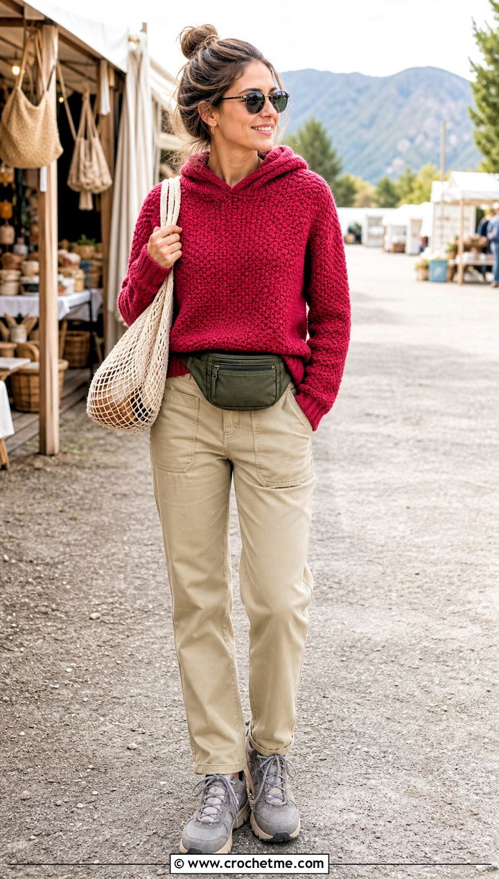 Hooded Moss Stitch Crochet Sweater With Utility Pants - 25 Moss Stitch Crochet Sweater outfit ideas