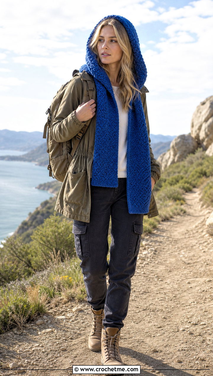 Hooded Moss Stitch Scarf With Utility Parka And Cargo Jeans - 35 crochet moss stitch scarf outfit ideas