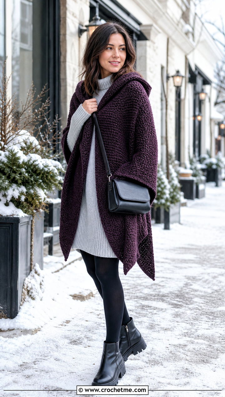 Hooded Moss Stitch Shawl With A Sweater Dress - 25 Crochet Moss Stitch Shawl outfit ideas