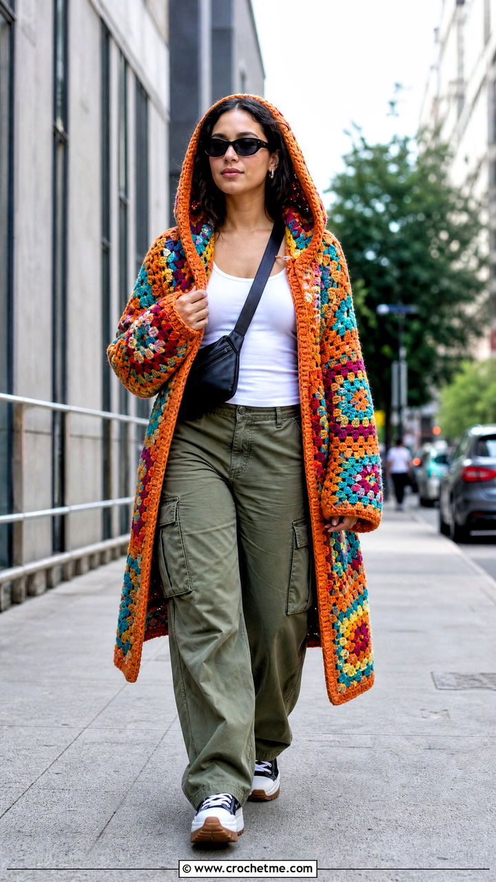 Hooded Multicolor Big Granny Square Cardigan With Cargo Pants - 35 Big Granny Square Cardigan outfit ideas