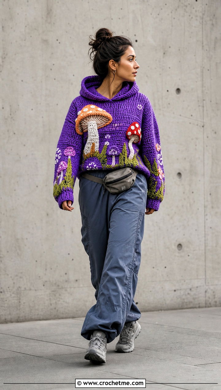 Hooded Mushroom Crochet Sweater With Parachute Pants - 25 mushroom crochet sweater outfit ideas