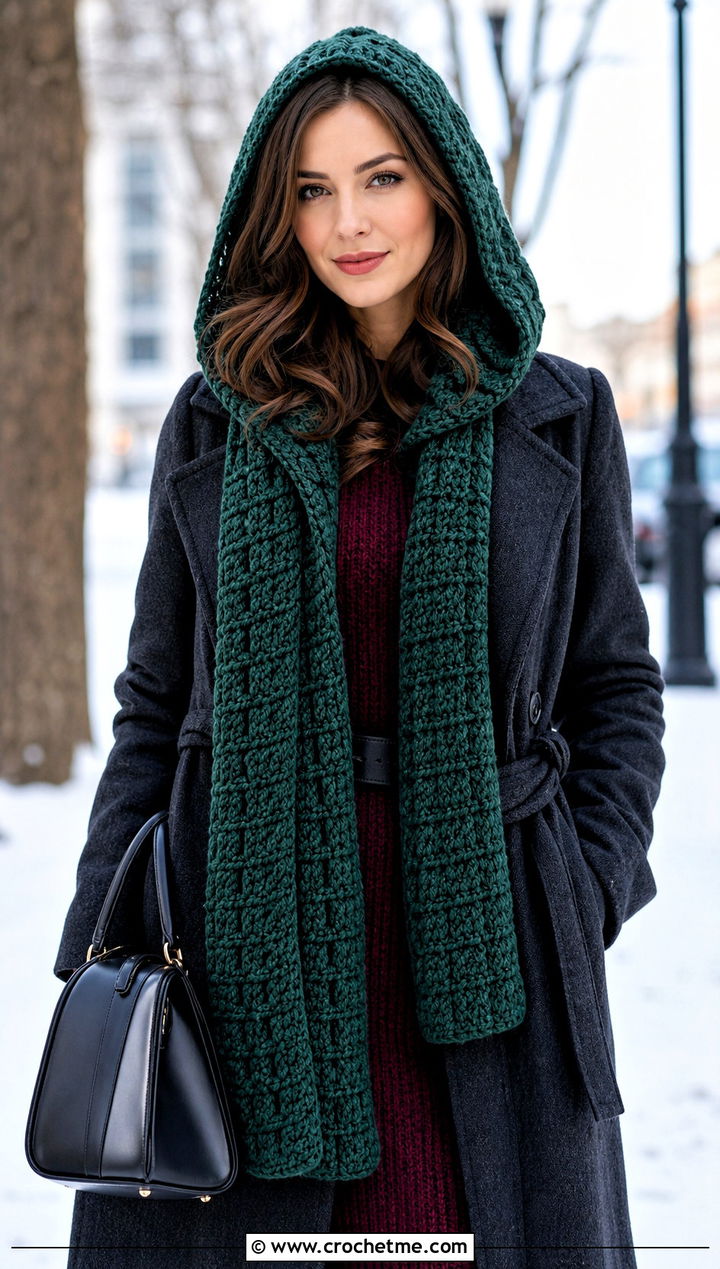 Hooded Natsu Scarf With Knit Dress and Knee High Boots - 15 Crochet Natsu Scarf outfit ideas