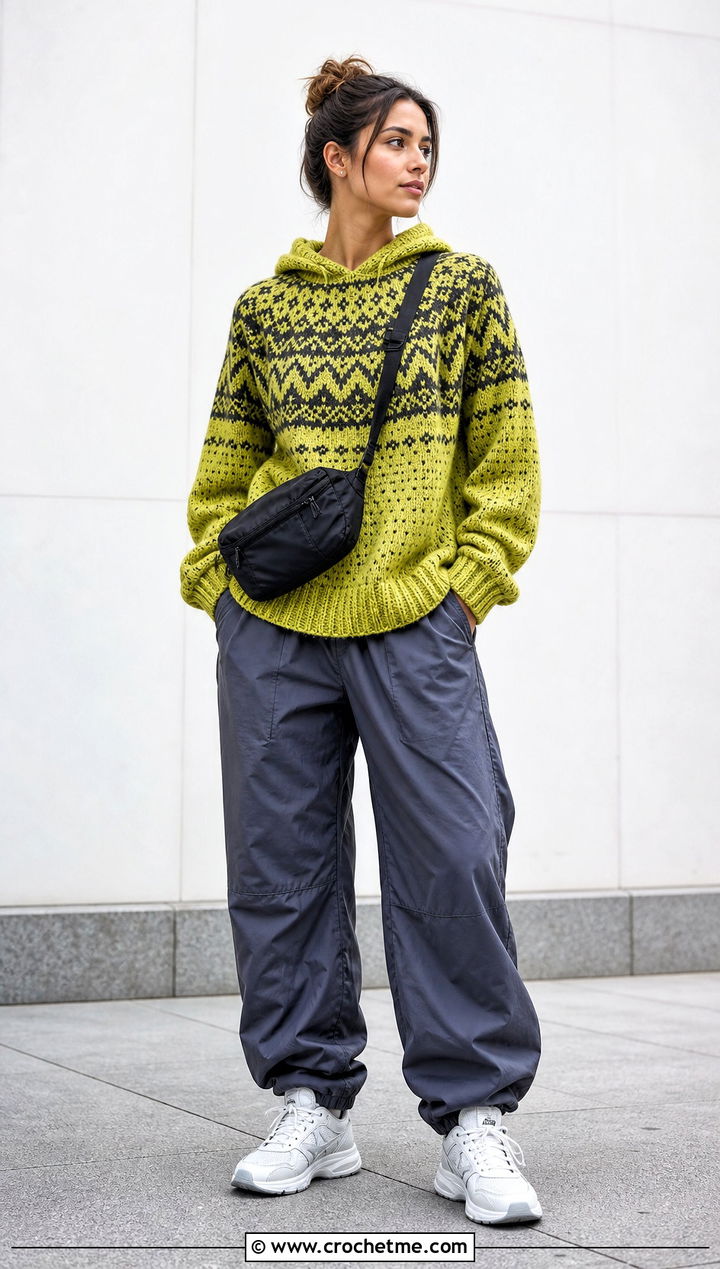 Hooded Nordic Crochet Sweater With Parachute Pants - 25 nordic crochet sweater outfit ideas