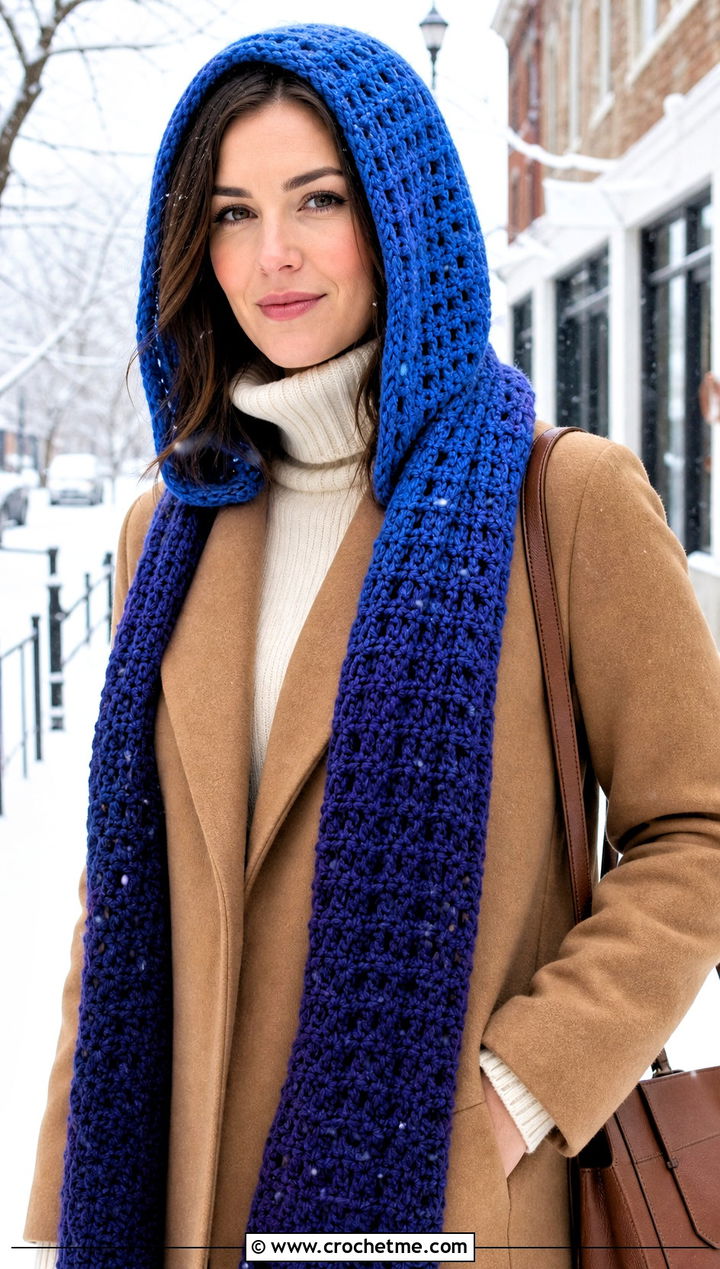 Hooded Ombre Crochet Scarf With Wool Coat - 25 Ombre Crochet Scarf outfit ideas