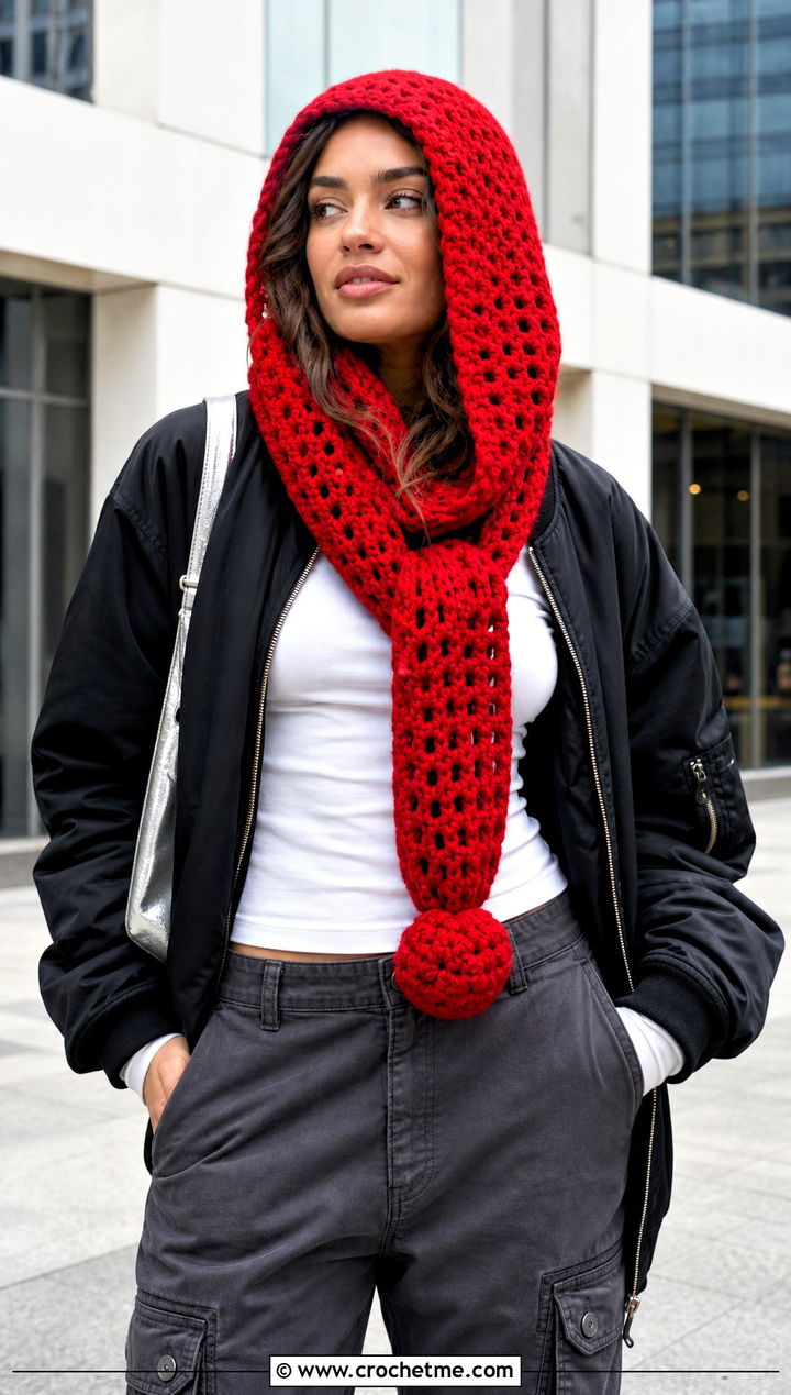 Hooded One Ball Crochet Scarf With Bomber Jacket - 15 one ball crochet scarf outfit ideas