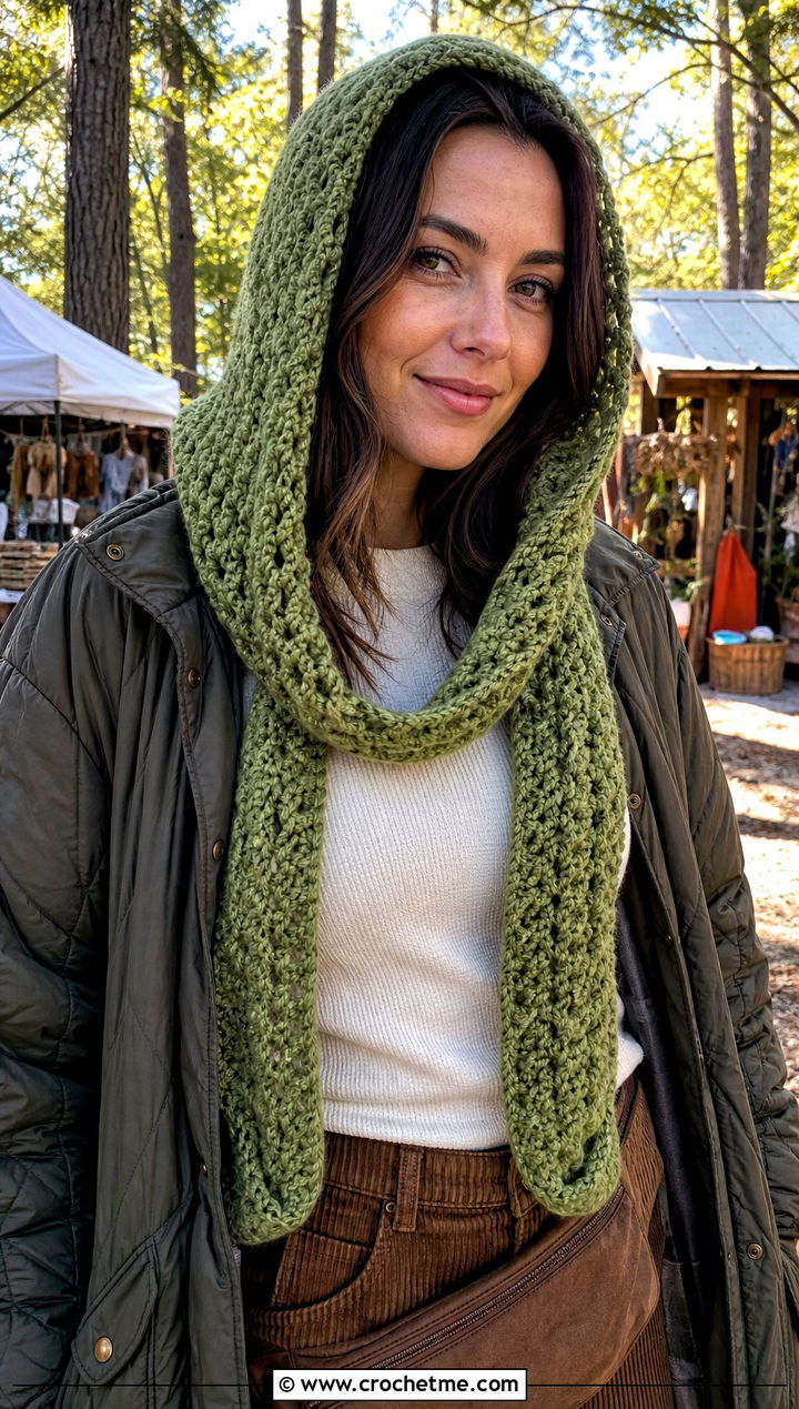 Hooded One Row Repeat Crochet Scarf With Quilted Jacket - 20 one row repeat crochet scarf outfit ideas