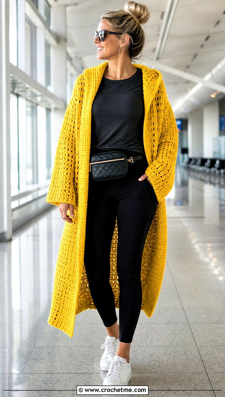 Hooded Open Front Crochet Long Poncho With Leggings - 15 Crochet Long Poncho outfit ideas