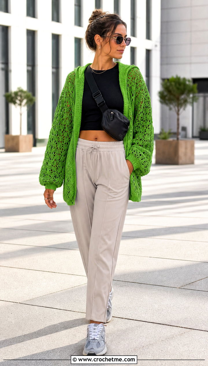 Hooded Openwork Cardigan With Track Pants And Sneakers - 15 crochet cardigan with lace sleeves outfit ideas
