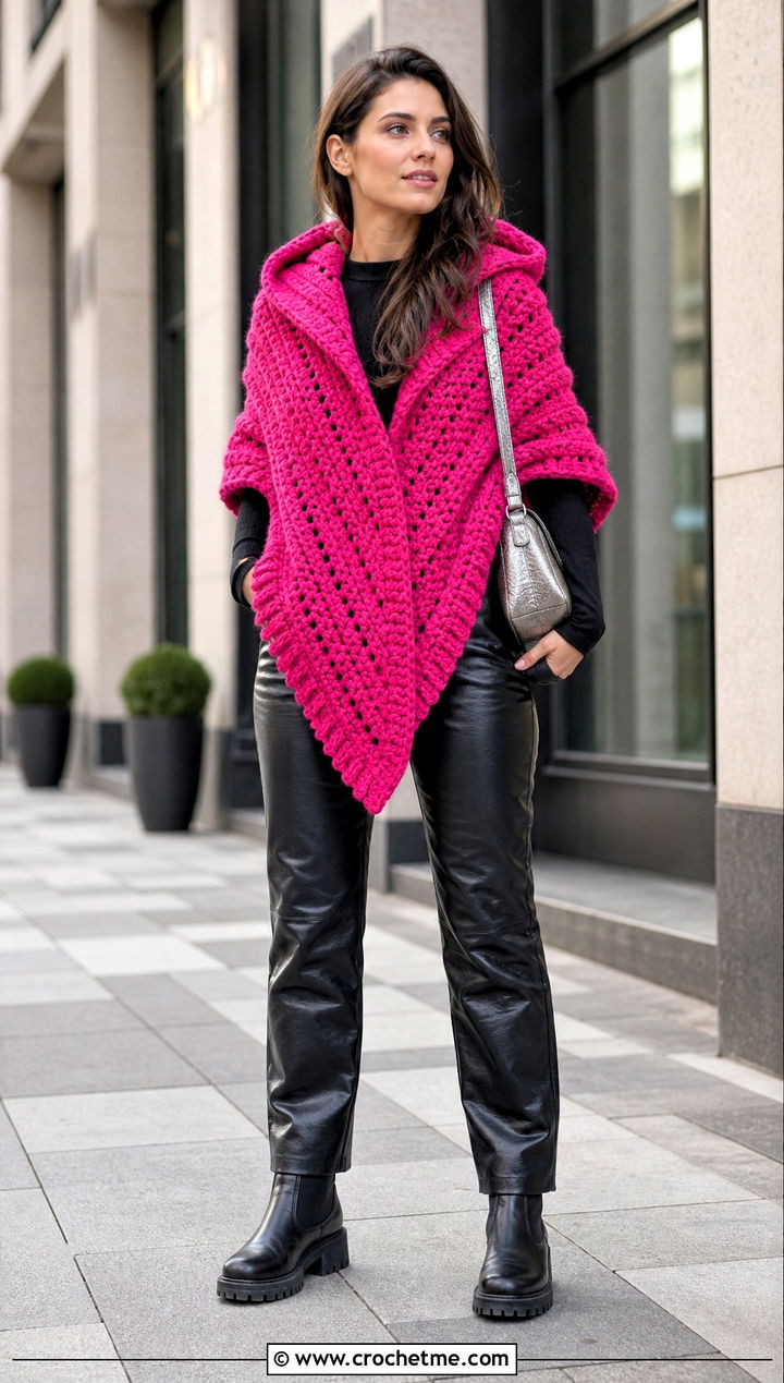 Hooded Outlander Shawl With Leather Pants - 35 crochet outlander shawl outfit ideas