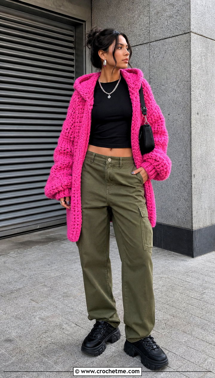Hooded Oversized Chunky Crochet Cardigan With Cargo Pants - 25 oversized chunky crochet cardigan outfit ideas