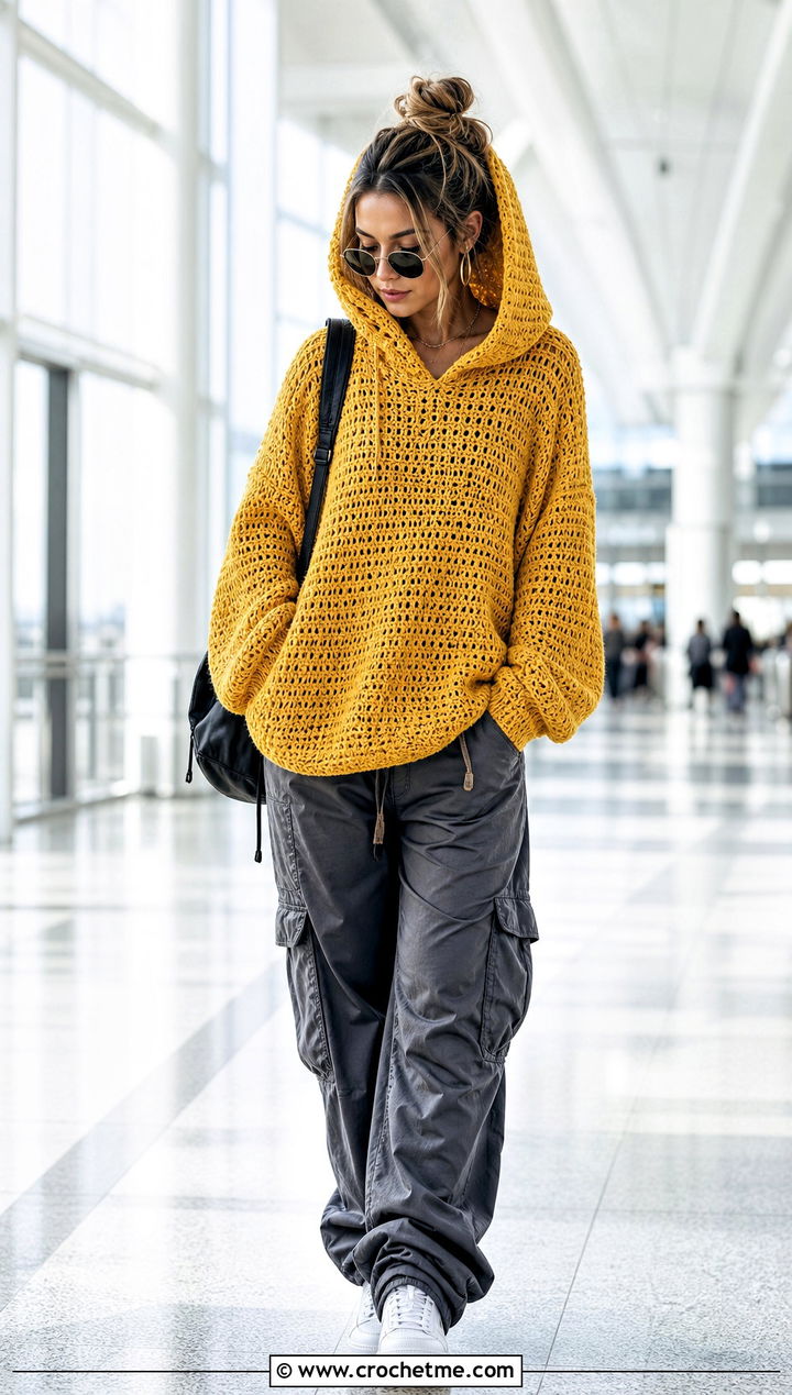 Hooded Oversized Crochet Jumper With Satin Cargo Pants - 25 oversized crochet jumper outfit ideas