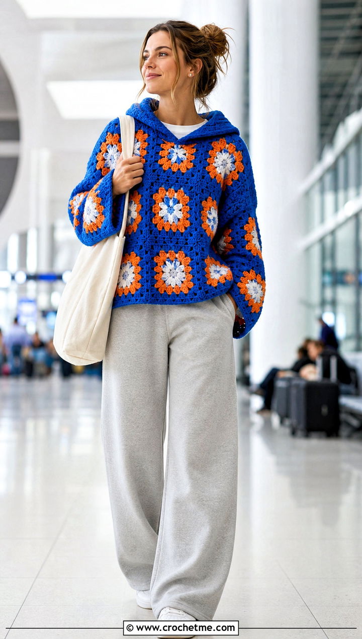 Hooded Oversized Granny Square Sweater With Wide Leg Sweatpants - 15 Crochet Oversized Granny Square Sweater outfit ideas