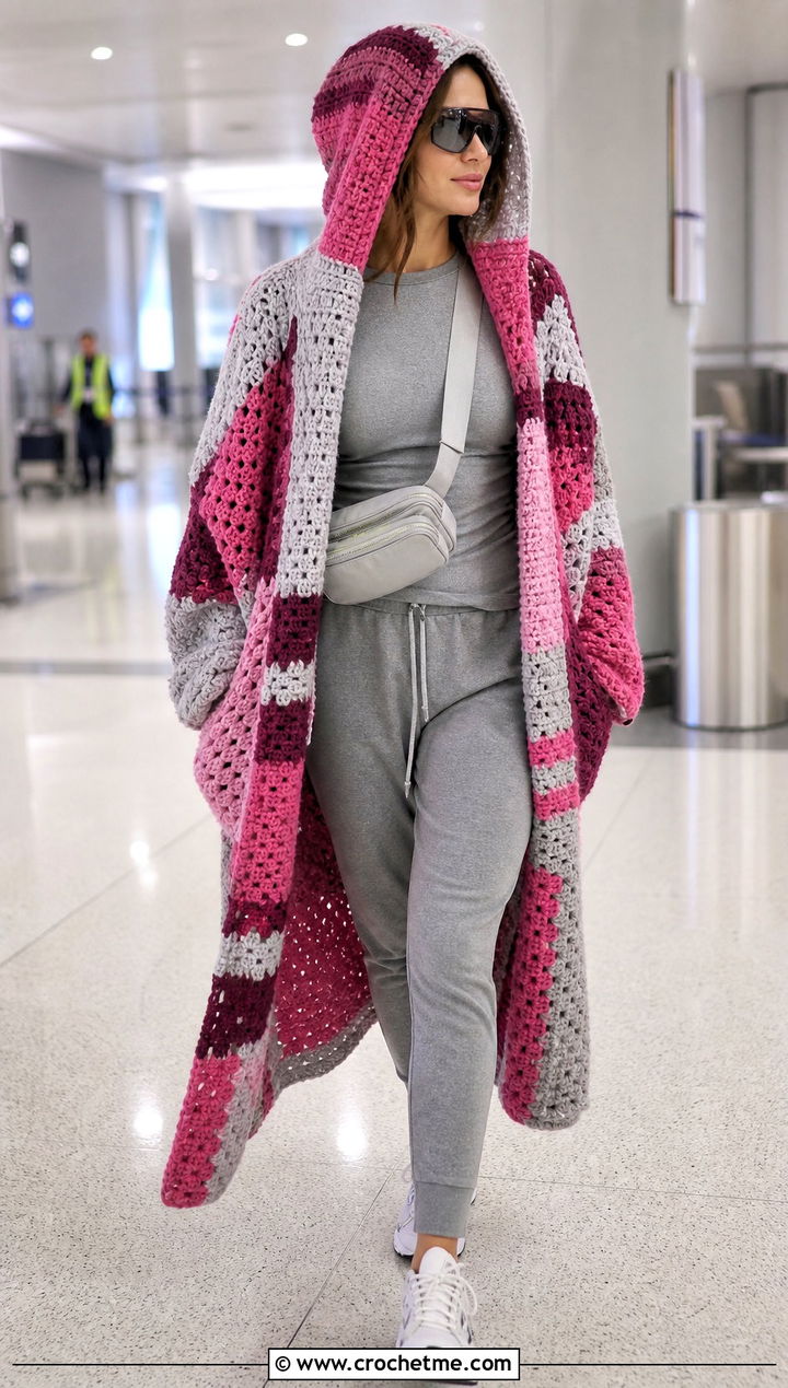 Hooded Oversized Patchwork Crochet Cardigan With Matching Joggers - 15 oversized patchwork crochet cardigan outfit ideas
