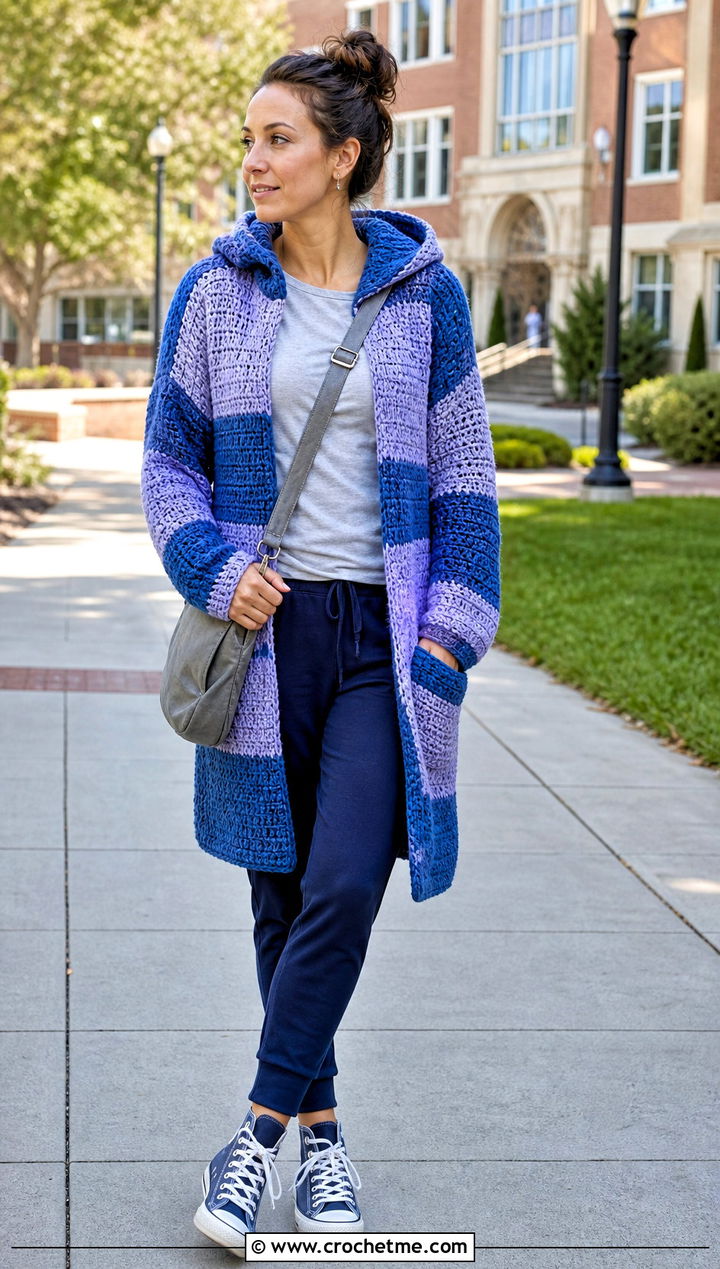 Hooded Patchwork Cardigan With Joggers - 25 crochet block cardigan outfit ideas