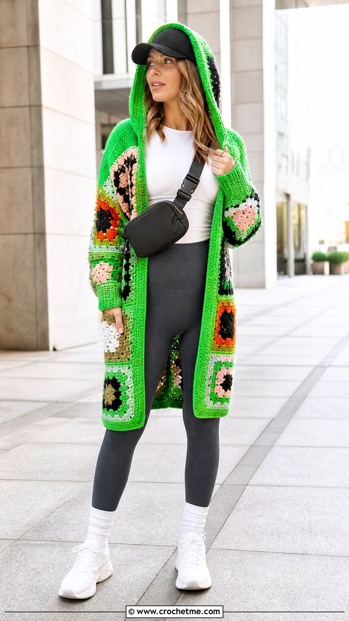 Hooded Patchwork Cardigan With Leggings - 35 crochet patchwork cardigan outfit ideas