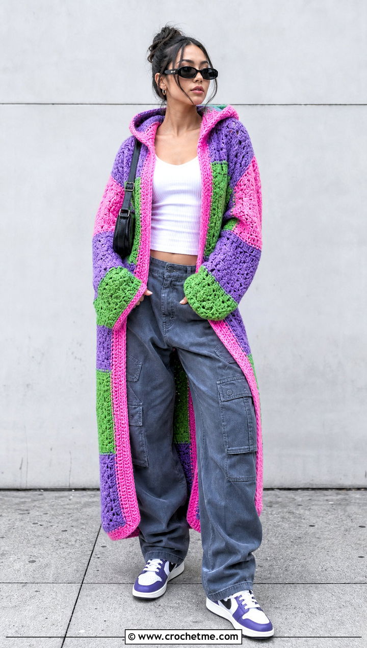 Hooded Patchwork Crochet Cardigan With Cargo Pants - 30 crochet long cardigan sweater coats outfit ideas