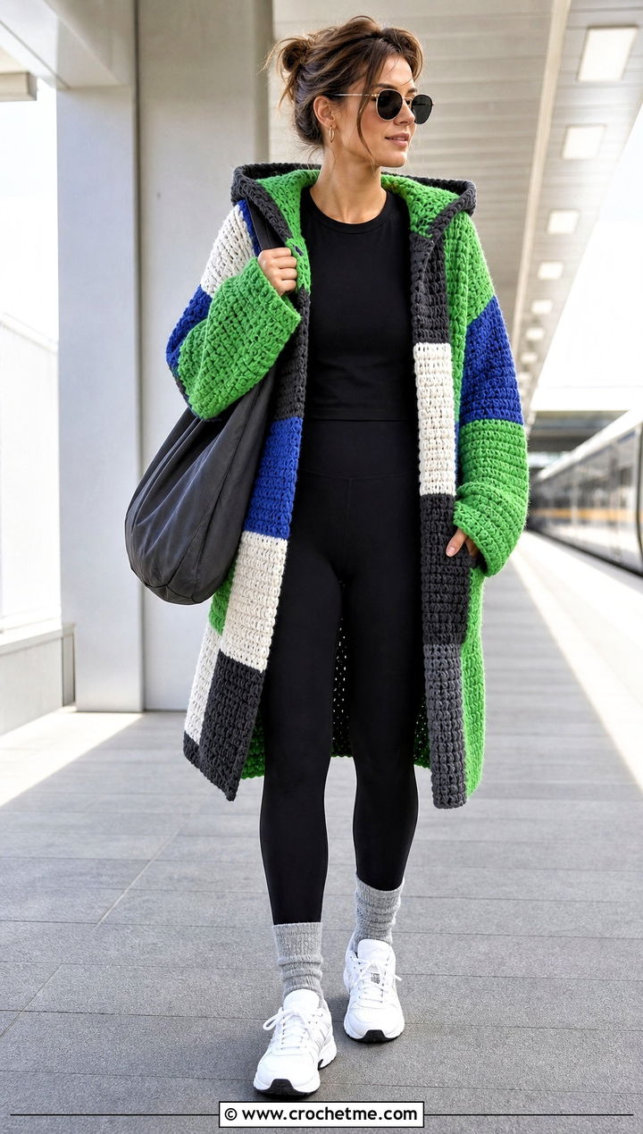 Hooded Patchwork Crochet Cardigan With Leggings - 15 harry styles patchwork crochet cardigan outfit ideas