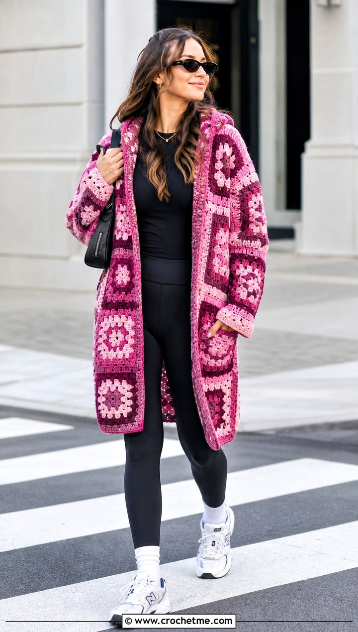 Hooded Patchwork Crochet Coat With Leggings - 15 crochet coat size m outfit ideas