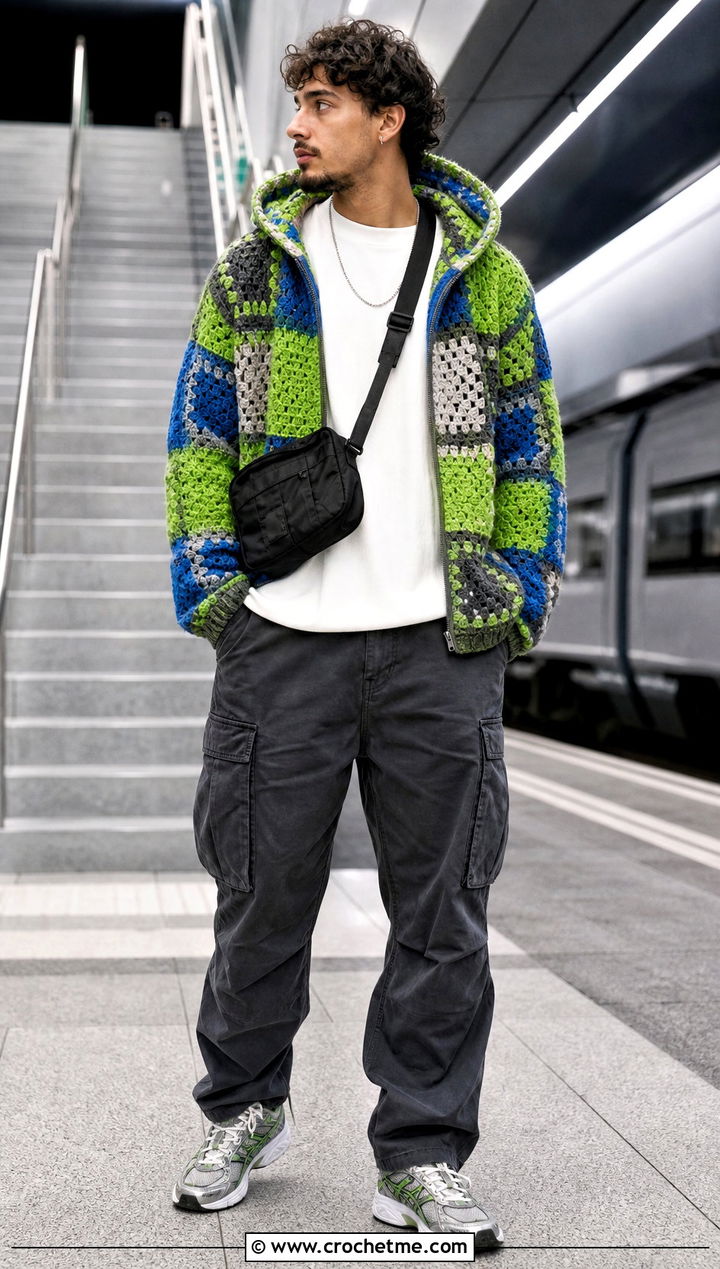 Hooded Patchwork Crochet Jacket With Cargo Pants - 15 Crochet Mens Jacket outfit ideas