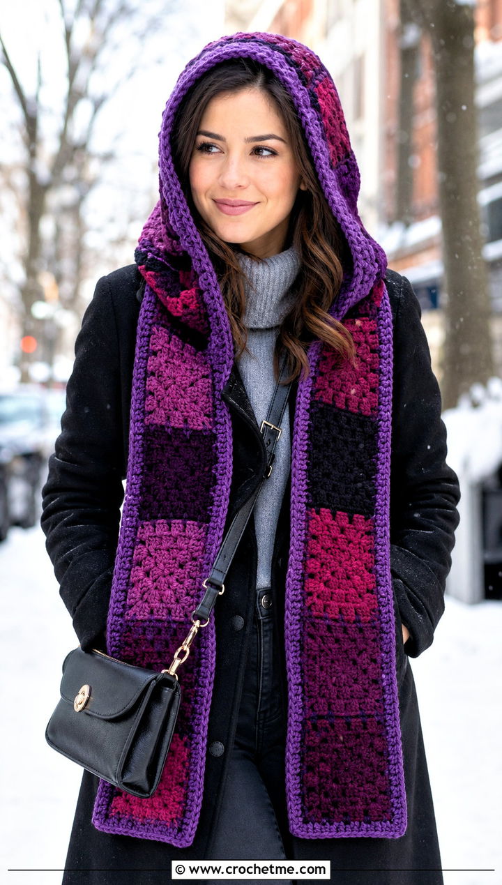 Hooded Patchwork Crochet Scarf With Wool Coat and Combat Boots - 15 Patchwork Crochet Scarf outfit ideas