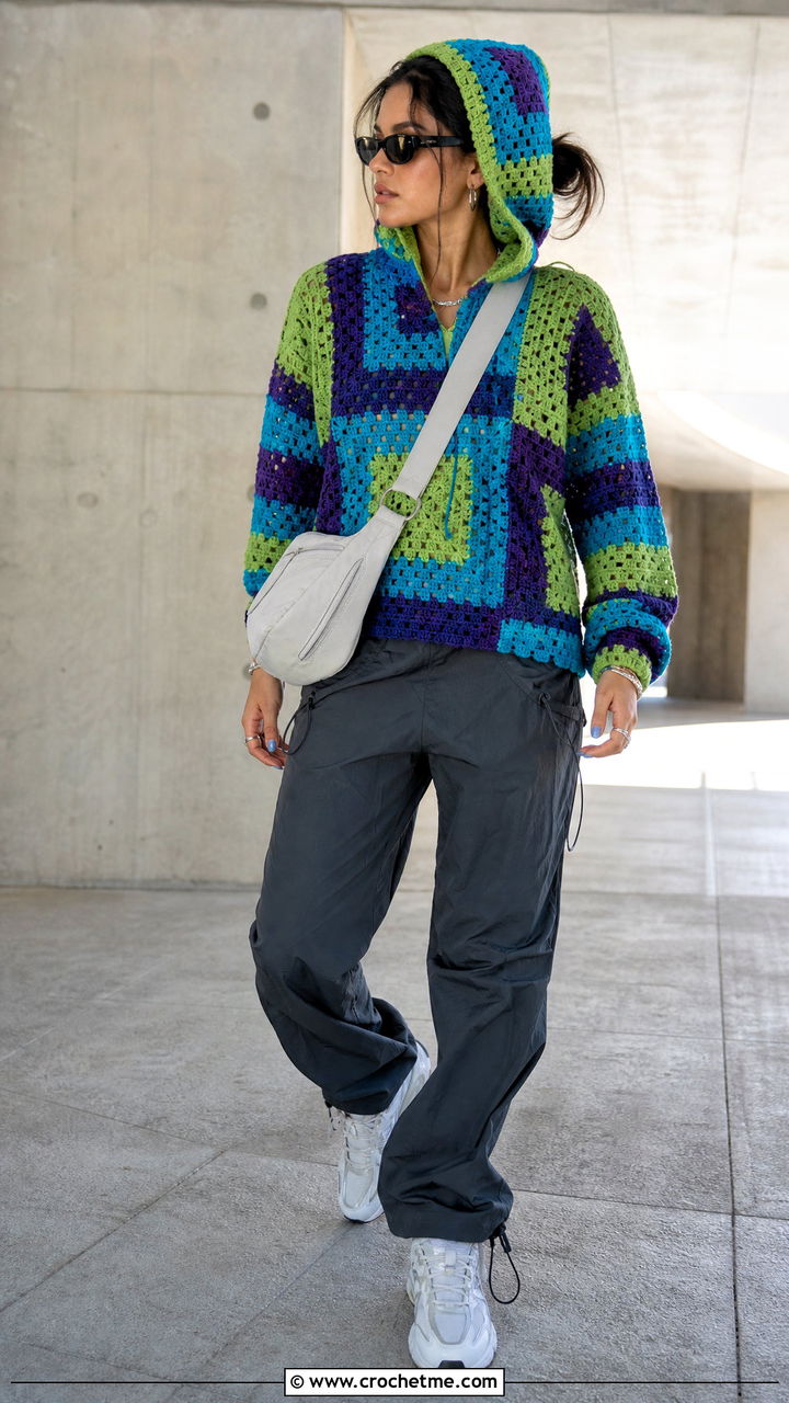 Hooded Patchwork Crochet Sweater With Parachute Pants - 35 patchwork crochet sweater outfit ideas