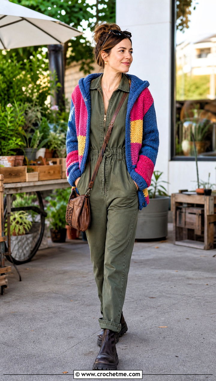 Hooded Patchwork Harry Styles Cardigan With Utility Jumpsuit - 15 Crocheting Harry Styles Cardigan outfit ideas
