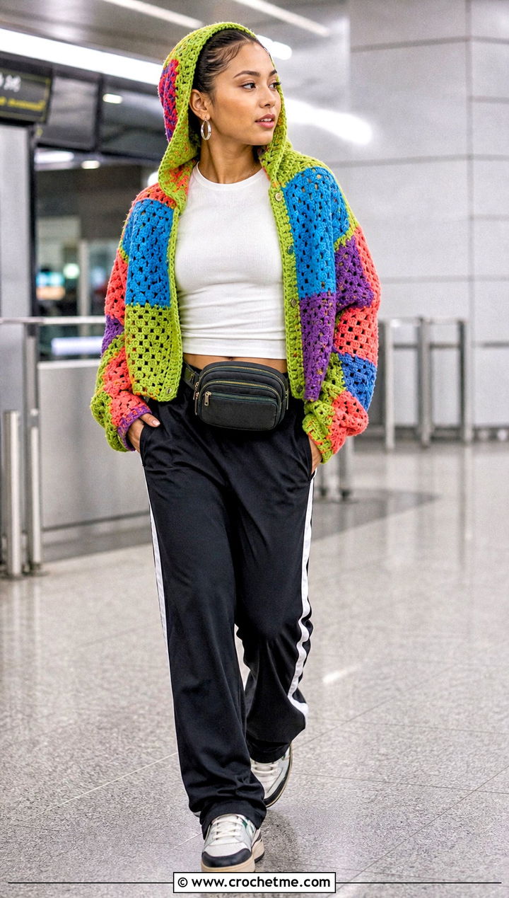 Hooded Patchwork Howls Crochet Jacket With Track Pants - 25 Howl's Crochet Jacket outfit ideas