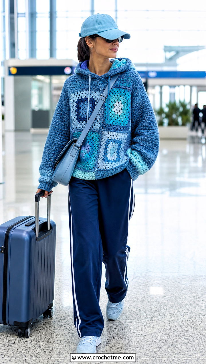 Hooded Patchwork Jumper With Track Pants - 15 crochet patchwork jumper outfit ideas