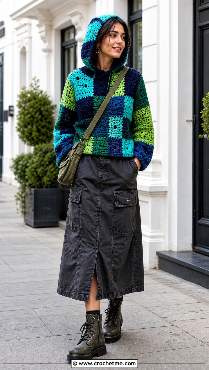 Hooded Patchwork Sweater With Utility Midi Skirt - 30 crochet patchwork sweater outfit ideas