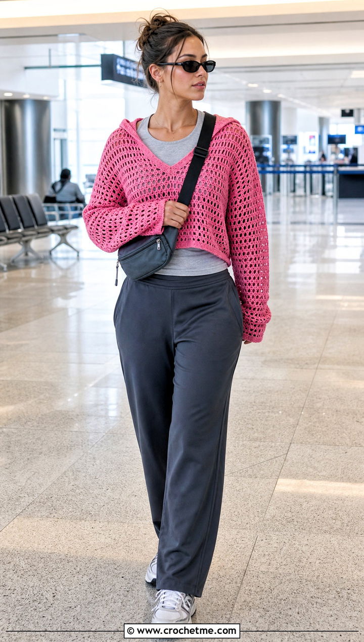 Hooded Peekaboo Crochet Top With Track Pants - 25 peekaboo crochet top outfit ideas