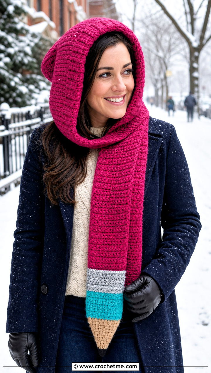 Hooded Pencil Crochet Scarf With Wool Coat - 30 Pencil Crochet Scarf outfit ideas