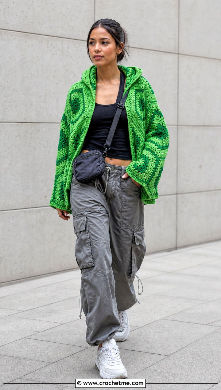 Hooded Pentagon Granny Square Cardigan With Cargo Pants - 25 Pentagon Granny Square Cardigan outfit ideas