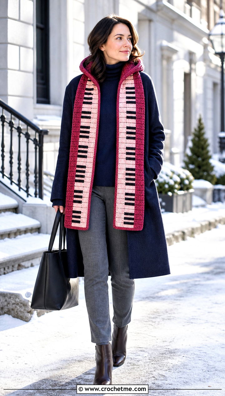 Hooded Piano Scarf With Wool Coat - 35 crochet piano scarf outfit ideas