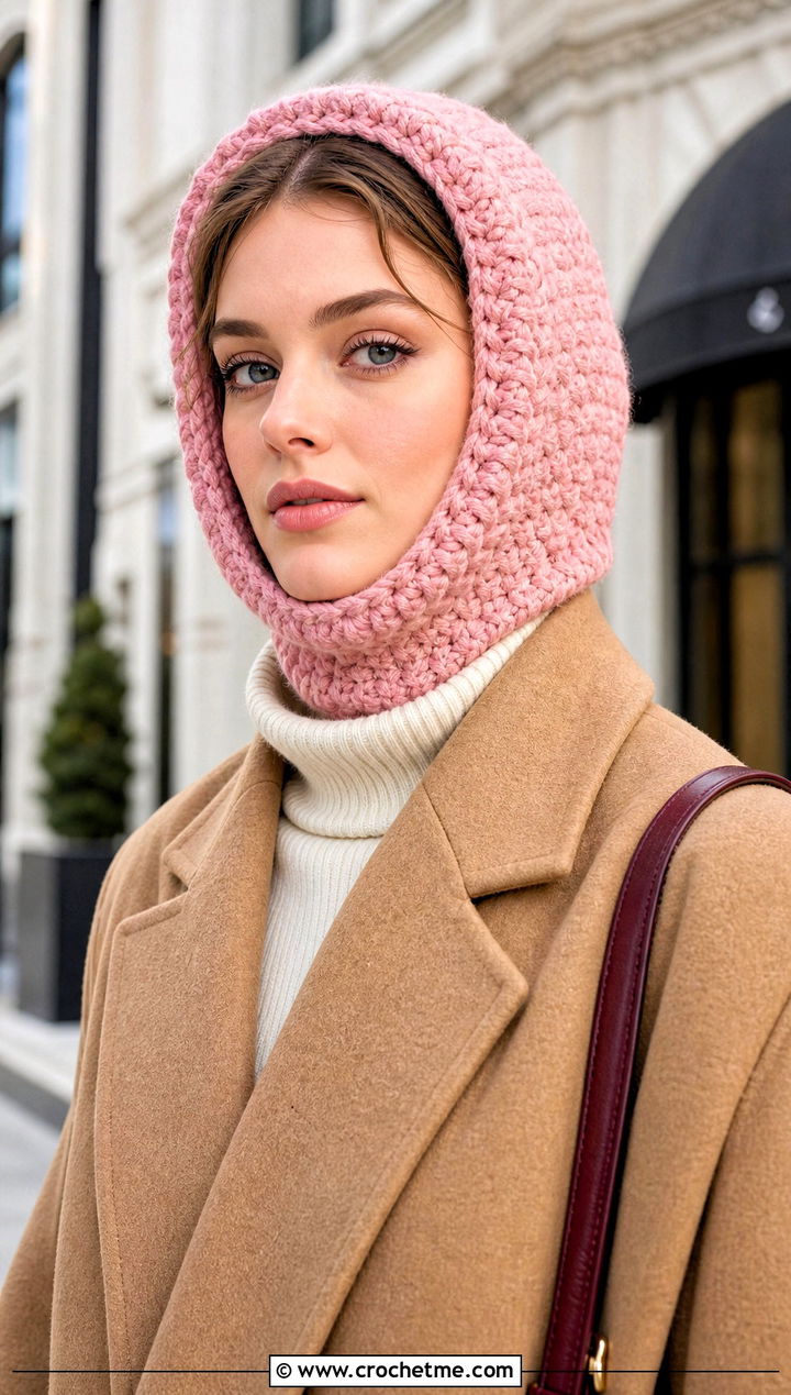 Hooded Pink Crochet Balaclava With Camel Wool Coat - 25 Pink Crochet Balaclava outfit ideas