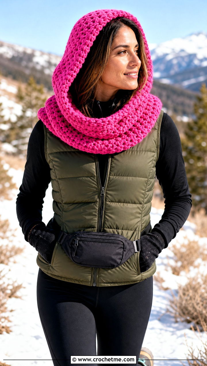 Hooded Pink Crochet Cowl With Puffer Vest - 15 pink crochet cowl outfit ideas