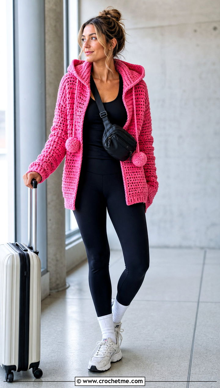 Hooded Pink Crochet Pom Pom Sweater With Leggings - 15 pink crochet sweater with pom poms outfit ideas