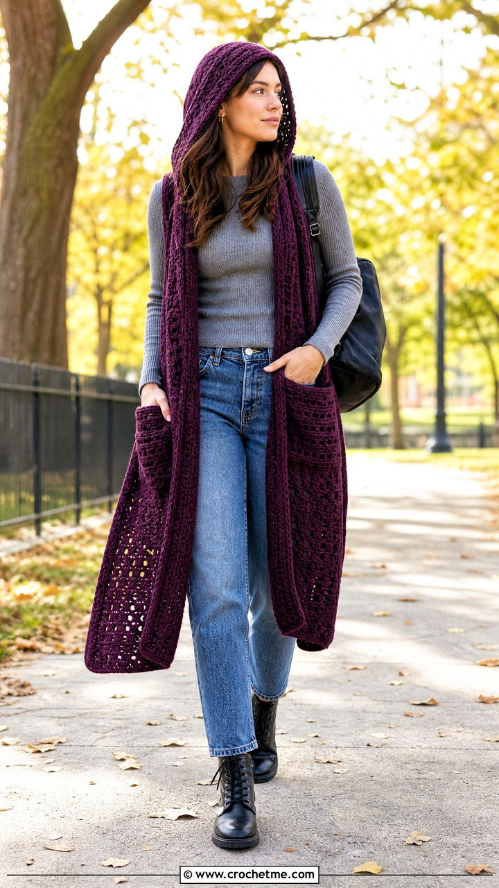 Hooded Pocket Crochet Blanket Scarf With Sweater And Jeans - 35 crochet blanket scarf outfit ideas