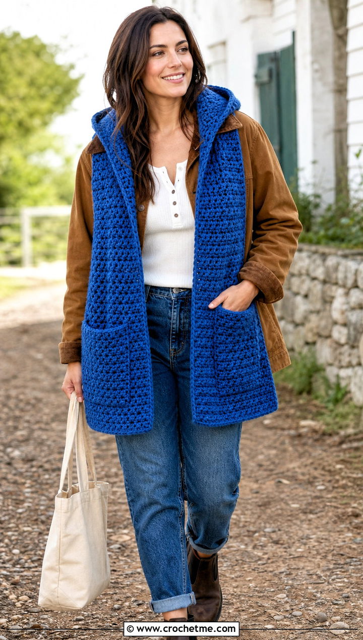 Hooded Pocket Crochet Scarf With Barn Jacket - 30 bulky crochet scarf outfit ideas