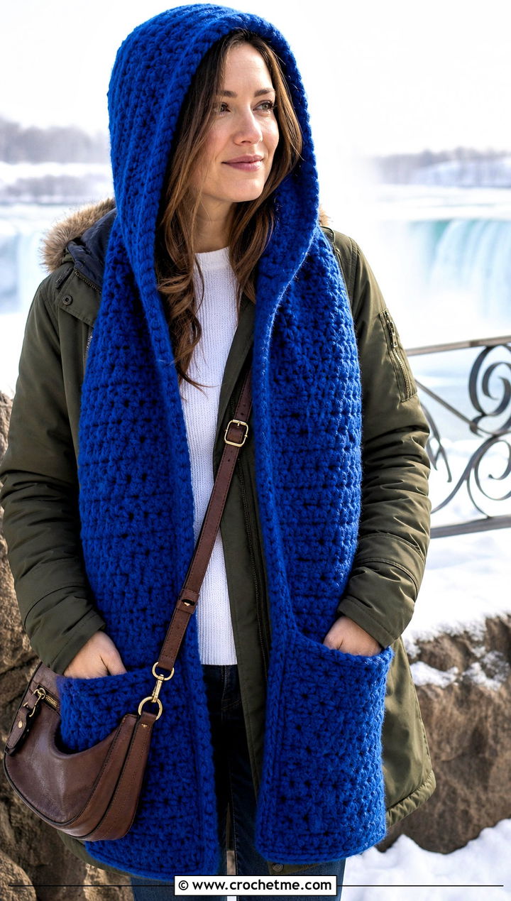 Hooded Pocket Crochet Scarf With Parka And Boots - 25 Multifunctional Crochet Scarf outfit ideas