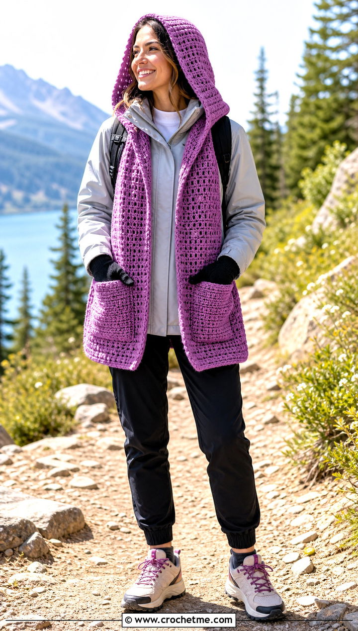 Hooded Pocket Crochet Scarf With Parka And Joggers - 35 easy crochet scarf for beginners outfit ideas