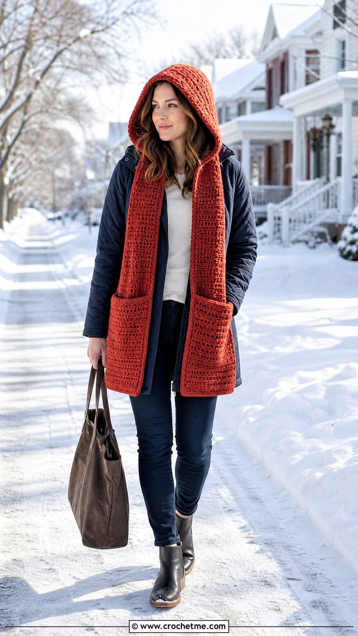Hooded Pocket Crochet Scarf With Quilted Coat - 35 simple crochet scarf outfit ideas