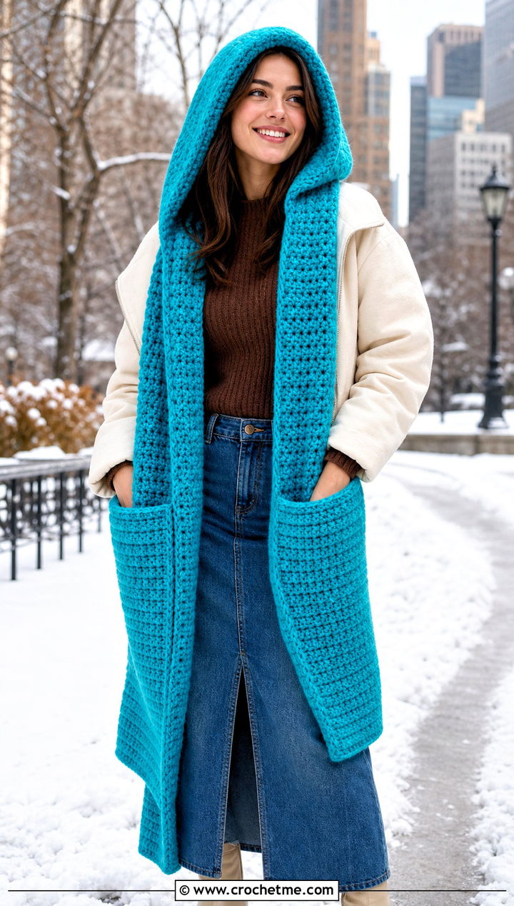 Hooded Pocket Crochet Scarf With Sweater And Maxi Skirt - 25 super crochet scarf outfit ideas