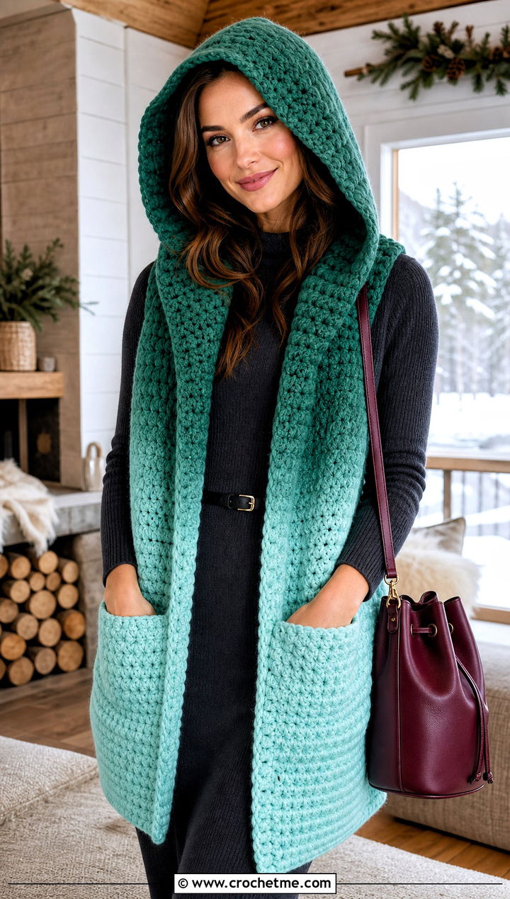 Hooded Pocket Crochet Shawl Scarf With Sweater Dress - 25 crochet hooded pocket scarf outfit ideas