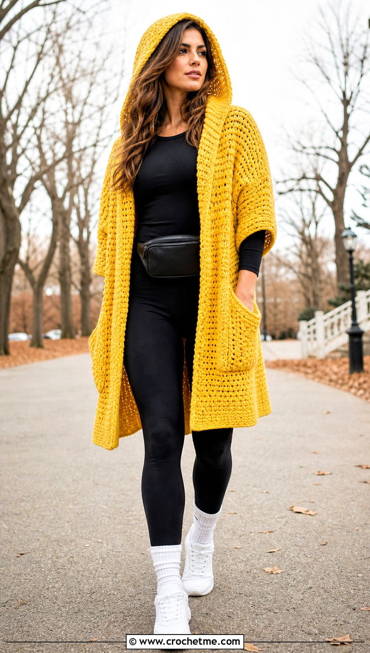 Hooded Pocket Crochet Shawl With Leggings And Sneakers - 15 Pocket Crochet Shawl outfit ideas