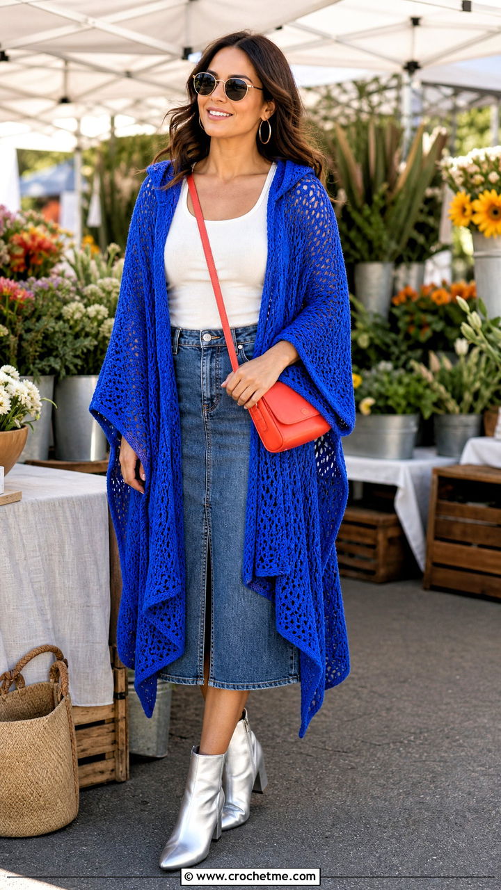 Hooded Poncho Crochet Coverup With Denim Skirt - 35 crochet coverup outfit ideas