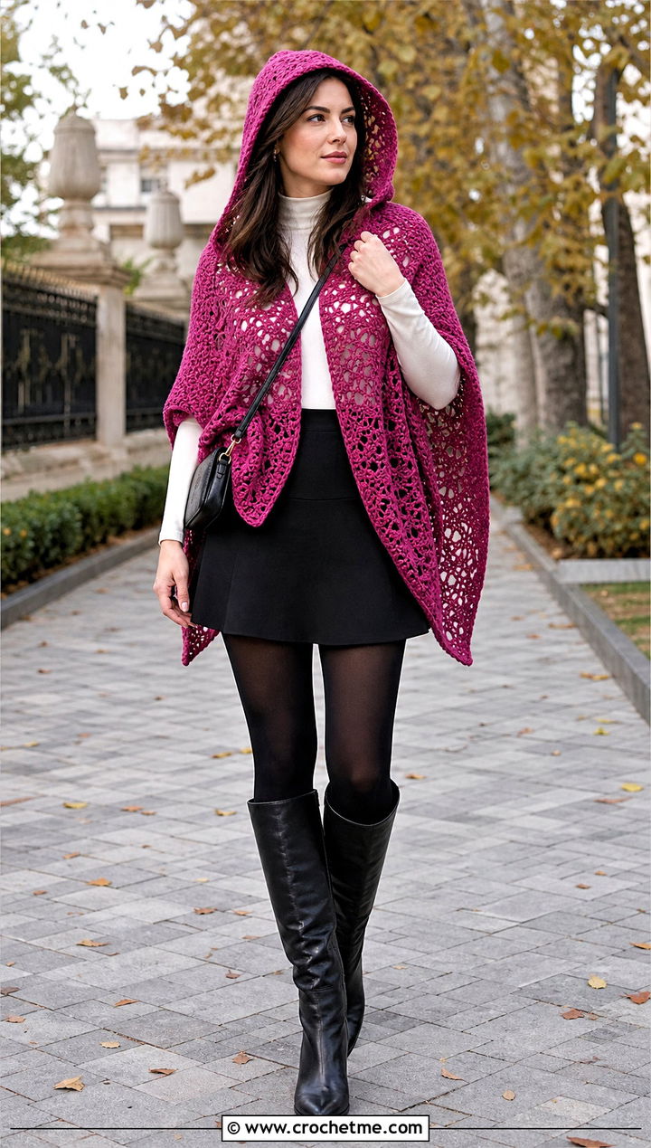 Hooded Poncho Shawl With Mini Skirt And Tall Boots - 35 crochet hooded shawl outfit ideas