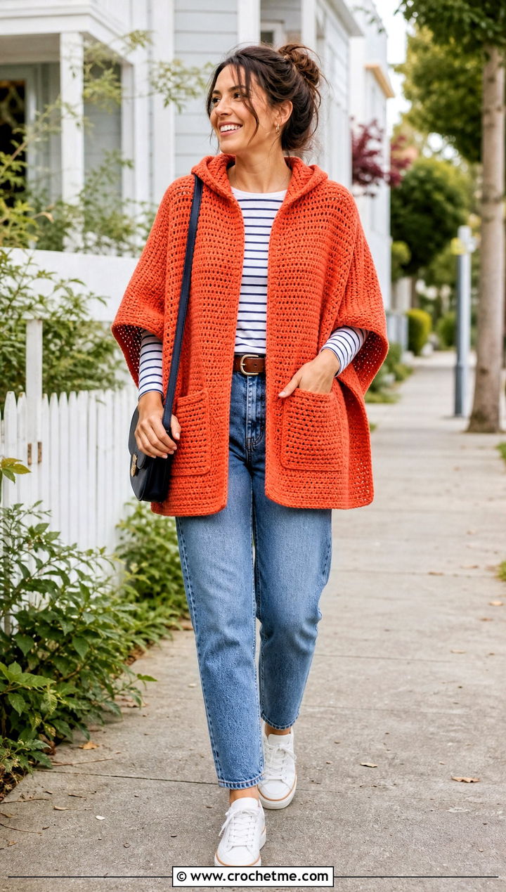 Hooded Poncho With Pockets And Mom Jeans - 35 Crochet Hooded Poncho outfit ideas
