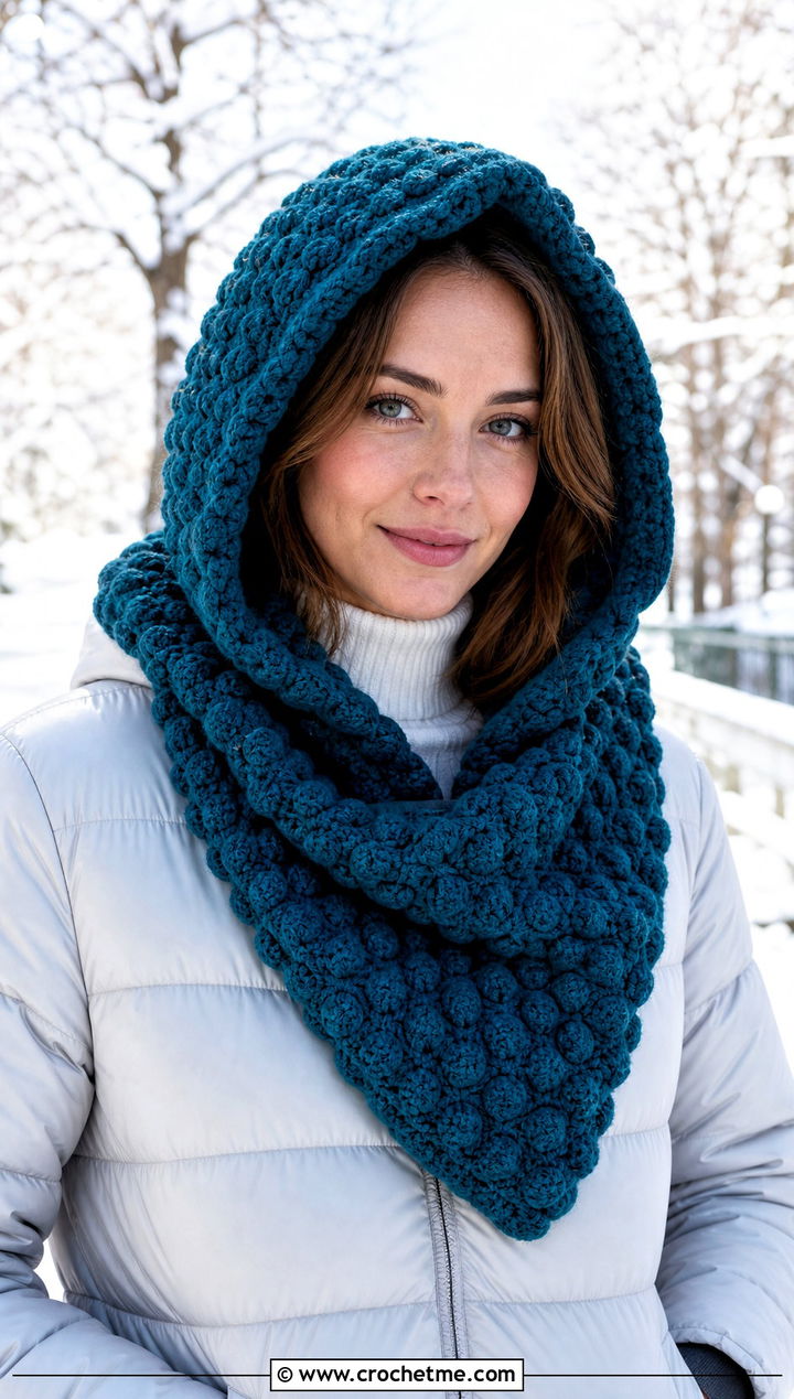 Hooded Popcorn Crochet Scarf With Puffer Jacket - 25 Popcorn Crochet Scarf outfit ideas